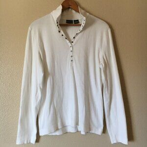 Eddie Bauer White Shirt L Mock Neck Half Snap Pullover Preppy Cotton Stretch